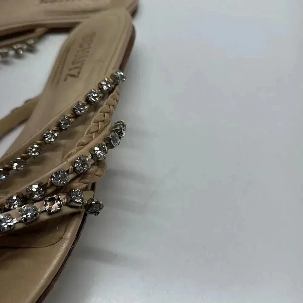 Schutz Sandals Slides Flats Jeweled Embellished Braided Leather Tan Brown Size 6